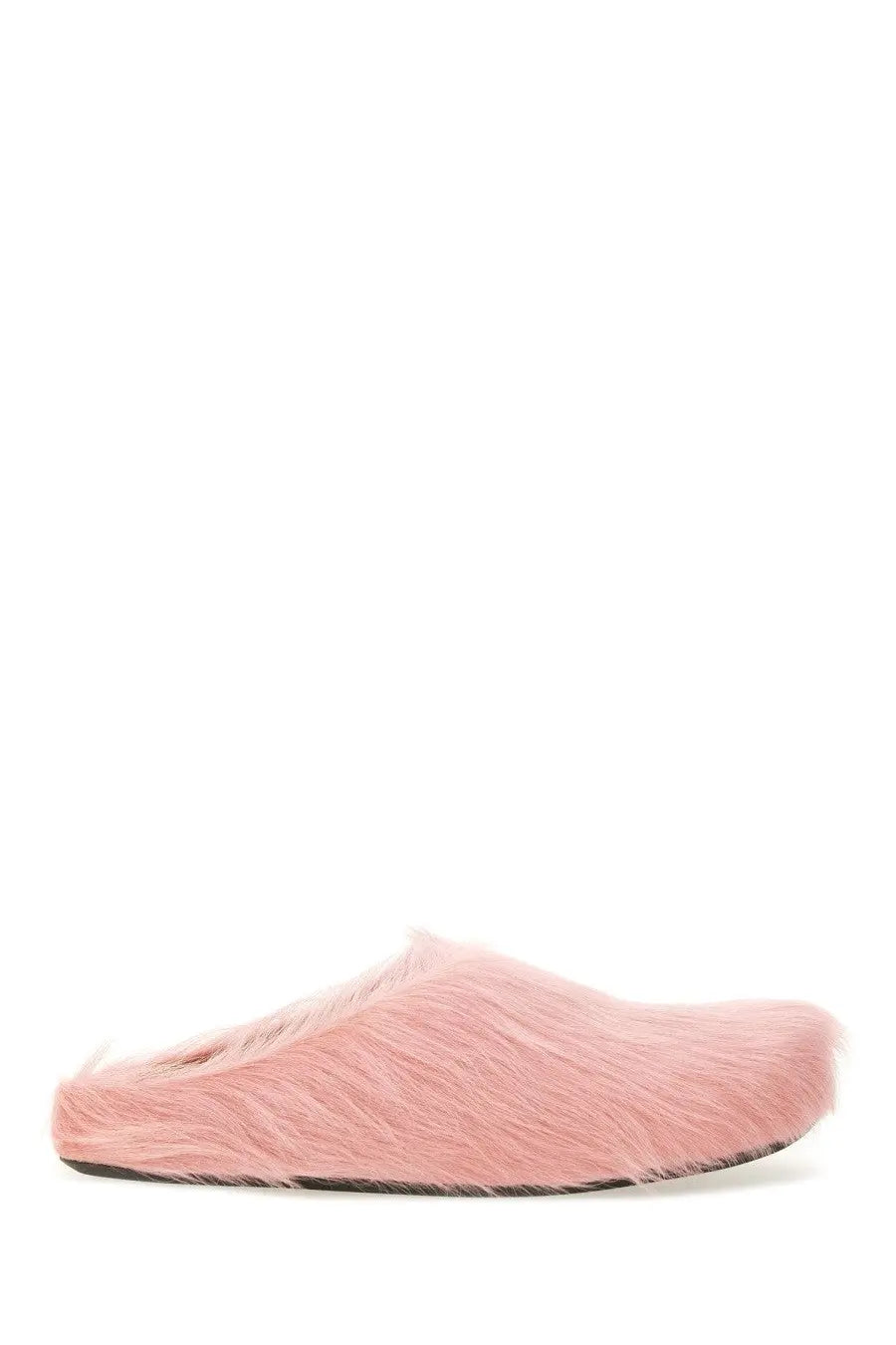 Pink faux fur slip-on clog with black rubber sole designed for men by Marni in blue Fussbett sabot style