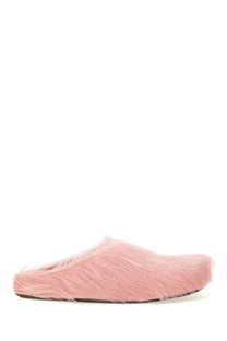 Pink faux fur slip-on clog with black rubber sole designed for men by Marni in blue Fussbett sabot style