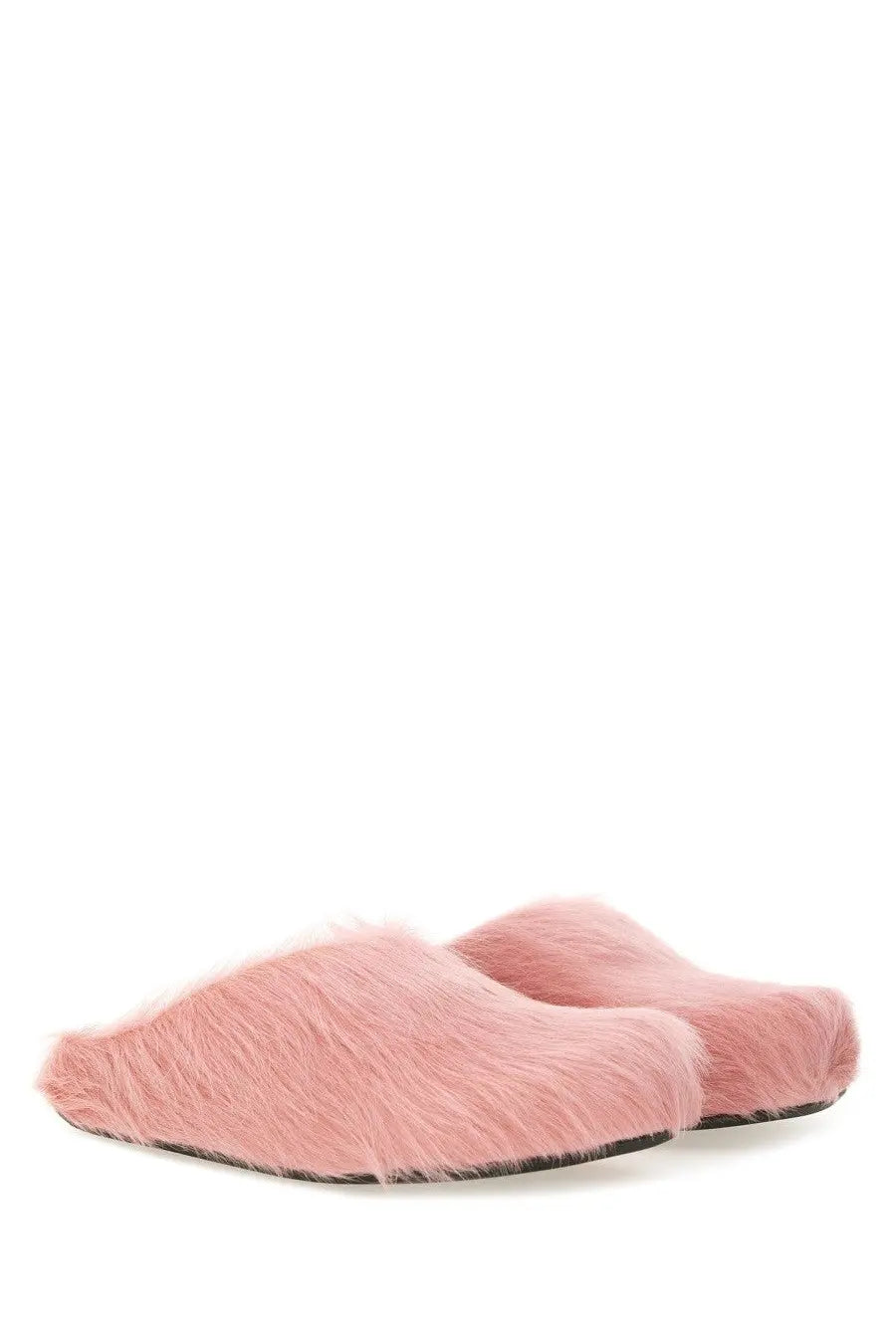 Pink faux fur slip-on mules with soft plush texture and dark rubber soles styled as Marni men’s Fussbett sabot blue