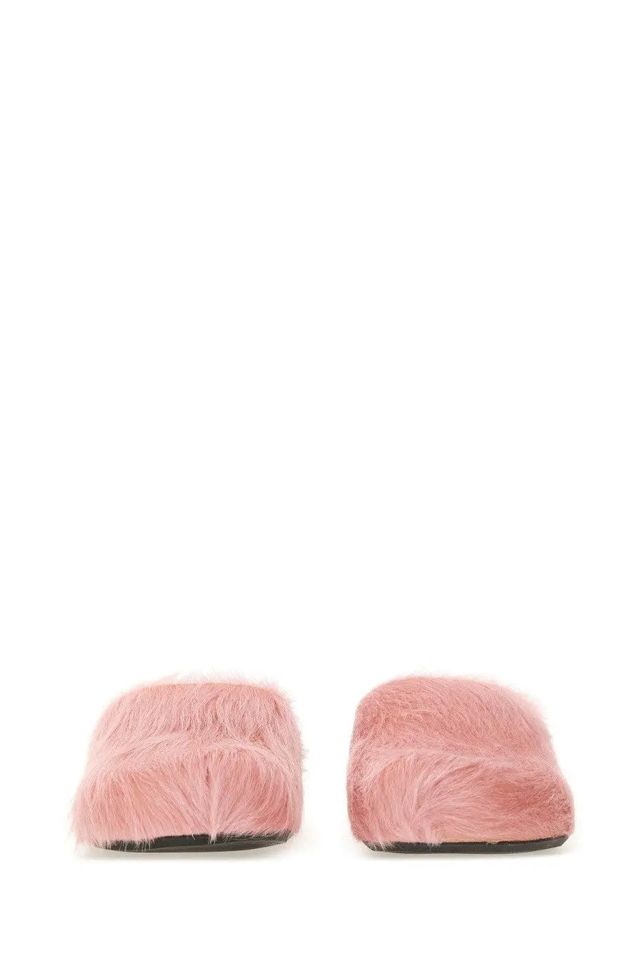 Marni men’s fussbett sabot blue shown as pink fuzzy mules with soft plush texture and black soles