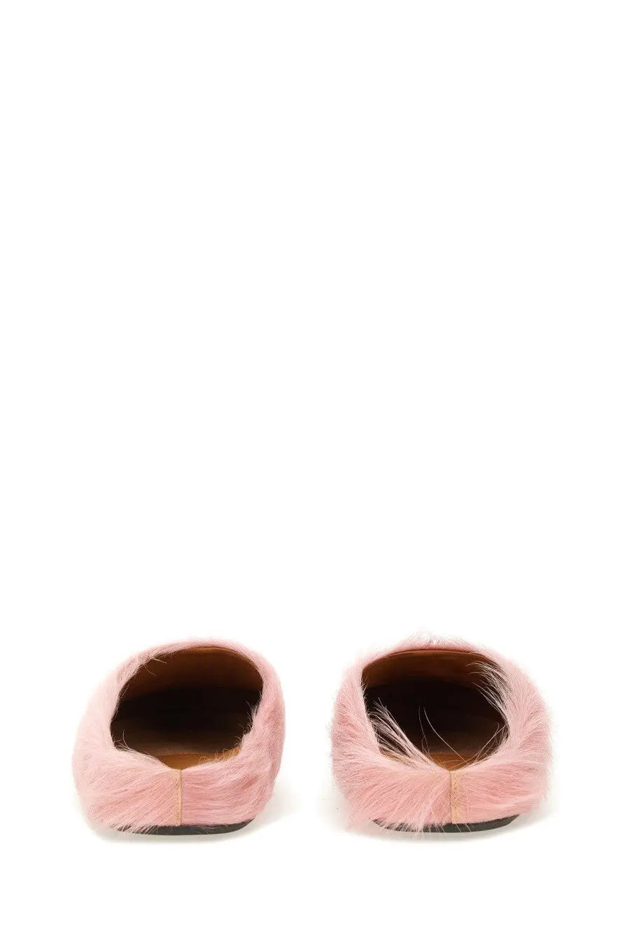 Pink fuzzy slip-on mules made of soft fur-like material shown from back for marni men’s fussbett sabot blue product
