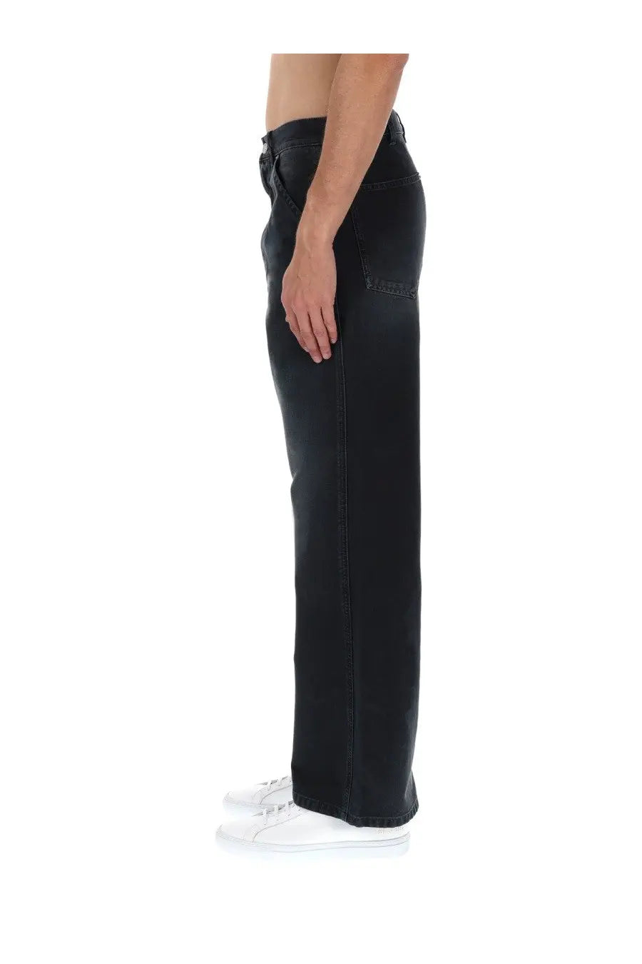 Marni men’s black denim jeans with straight-leg cut and classic five-pocket design in applicazione style