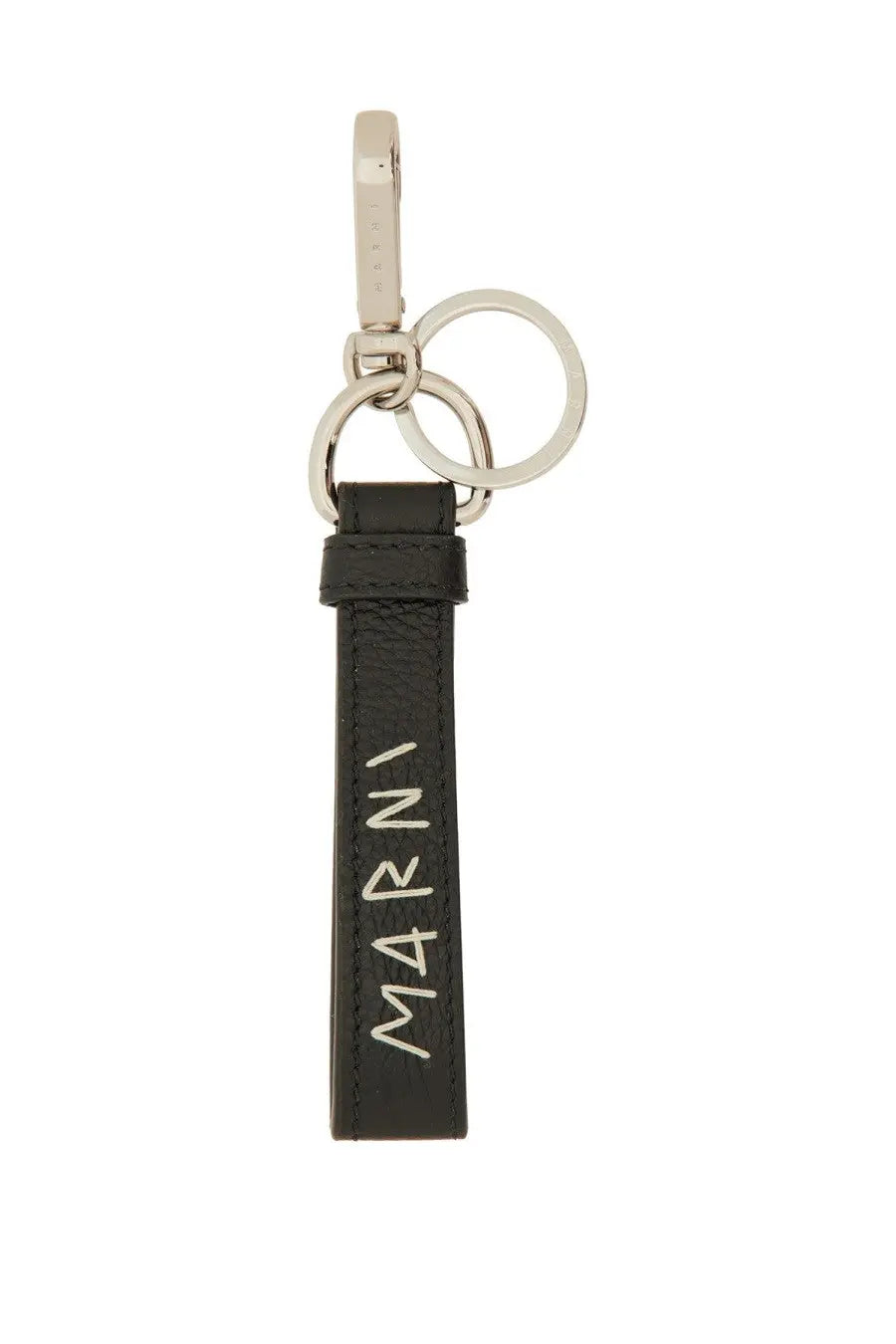 Marni men’s keychain in black leather with silver metal clasp and ring featuring white marni embossing vertically