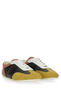 Marni men’s leather sneaker multicolor with black, mustard yellow suede, and terracotta leather color-blocked design