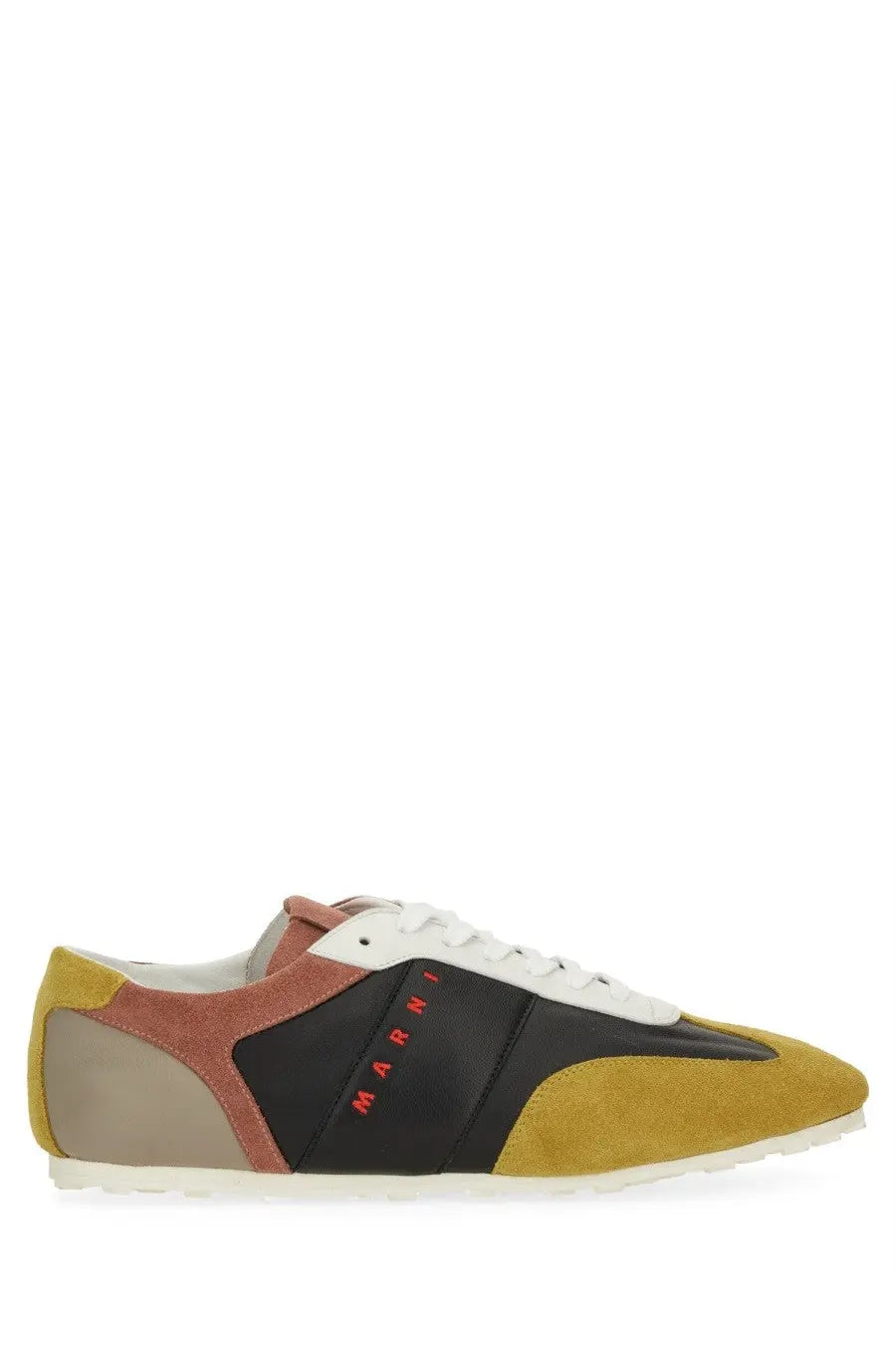 Marni men’s leather sneaker multicolor with suede and leather low-top design and black panel with red branding