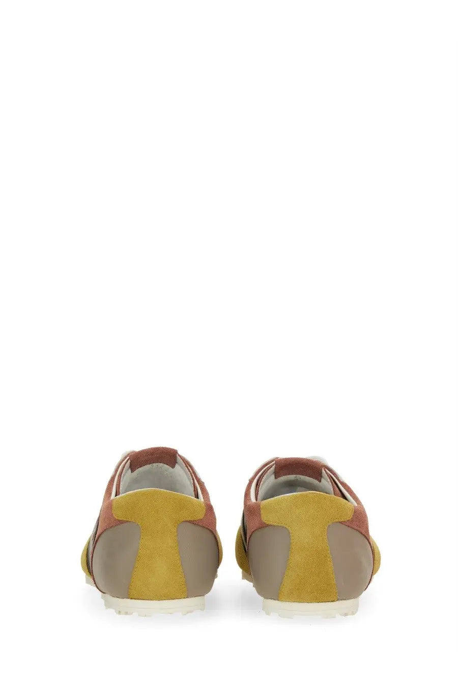 Marni men’s leather sneaker in low-top style with mustard yellow terracotta brown and beige suede color blocking