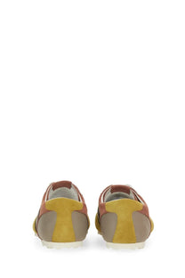 Marni men’s leather sneaker in low-top style with mustard yellow terracotta brown and beige suede color blocking