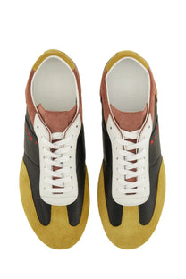 Pair of marni men’s leather sneakers with color blocked suede in mustard yellow black and terracotta brown accents