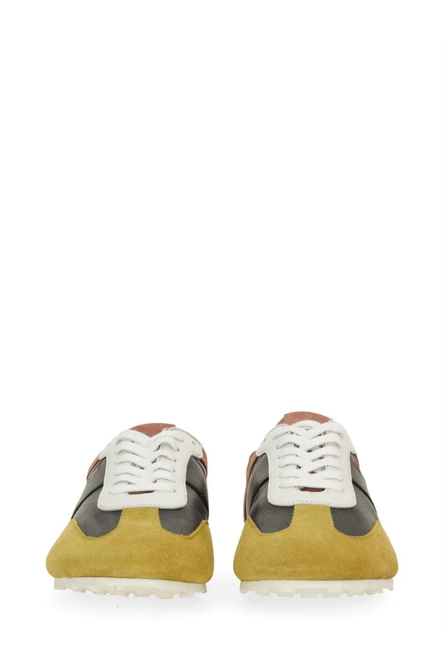 Marni men’s leather sneaker in yellow and gray suede with white laces multicolor design