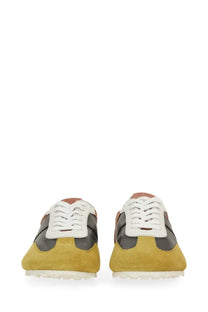Marni men’s leather sneaker in yellow and gray suede with white laces multicolor design