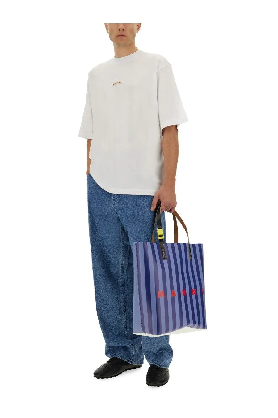 Blue and purple striped marni tote bag with red logo accents featured with marni men’s mini shirt white