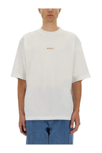 Marni men’s white oversized short-sleeved cotton t-shirt with small orange embroidered chest logo