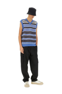 Marni men’s mohair blend vest in blue and black striped knit with a sleeveless design and v-neckline
