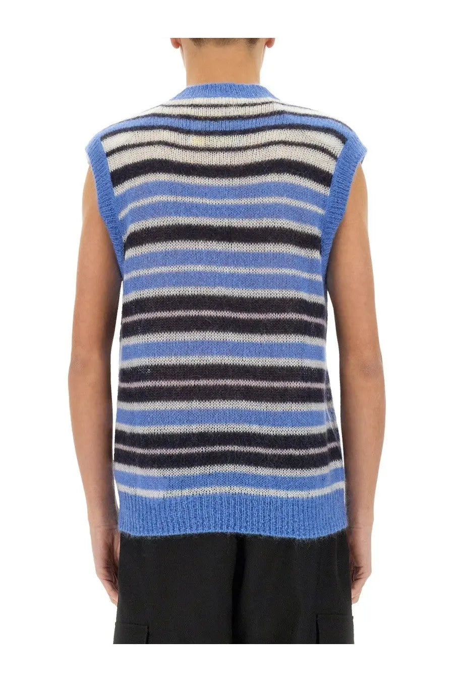 Marni men’s mohair blend vest in blue black and white horizontal stripes knitted sleeveless design