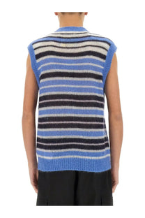 Marni men’s mohair blend vest in blue black and white horizontal stripes knitted sleeveless design