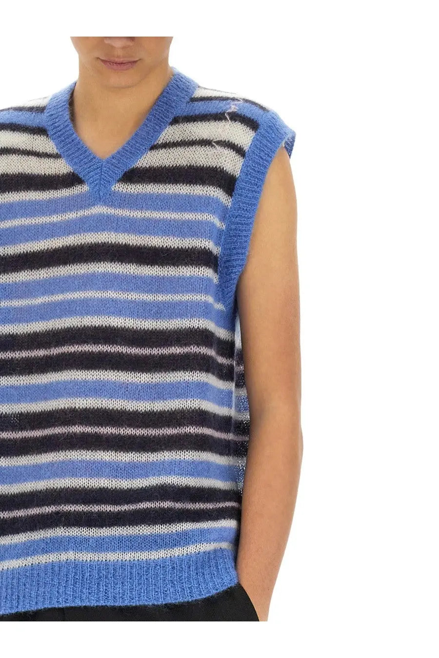 Marni men’s mohair blend vest with blue black and white horizontal stripes knit sleeveless v-neck sweater