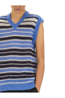 Marni men’s mohair blend vest with blue black and white horizontal stripes knit sleeveless v-neck sweater