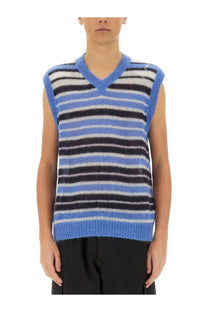 Marni men’s sleeveless mohair blend vest with horizontal stripes in blue black and white multicolor design