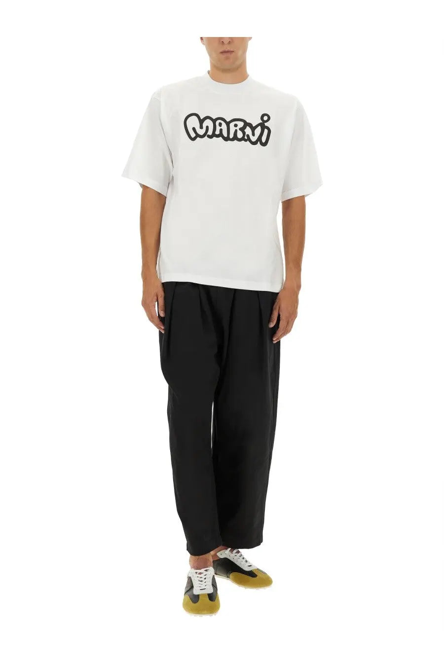 White marni men’s t-shirt made of cotton featuring a bold black graphic logo across the chest