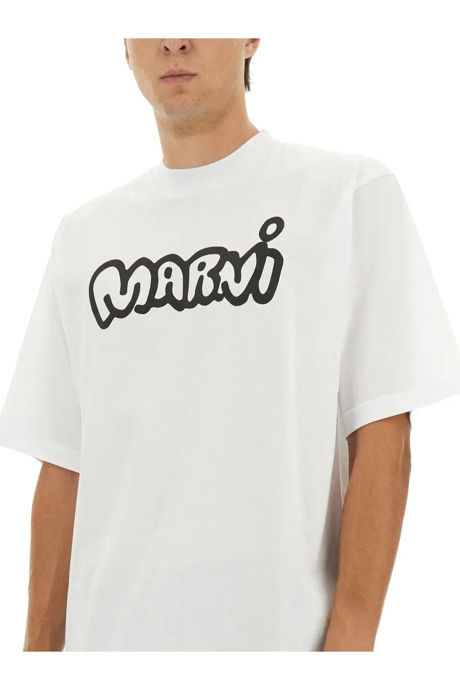 White marni men’s t-shirt with bold black cursive logo across the chest in soft cotton material