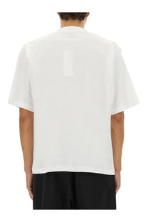 Back of marni men’s white short-sleeved cotton t-shirt with minimalist vertical rectangular patch detail
