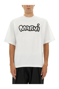 Marni men’s white cotton t shirt with black graffiti style logo across the chest for casual wear