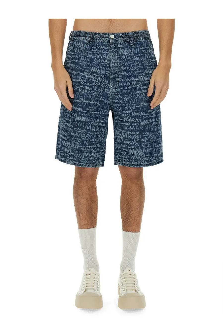 Marni men’s denim blue shorts featuring a repeating white mani graffiti style print on soft blue denim