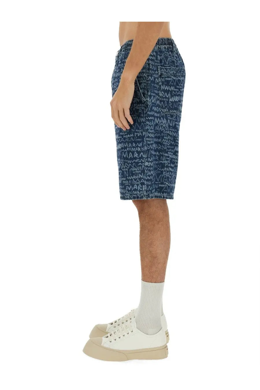 Marni men’s blue denim shorts featuring a repeating white mara graffiti style print