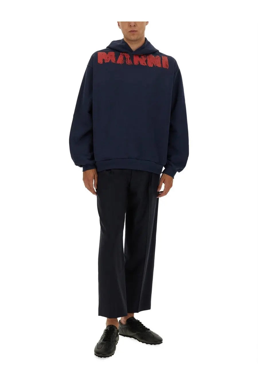 Navy blue Marni men’s sweatshirt with bold red lettering across the chest in a comfortable hoodie style