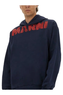 Navy blue Marni men’s sweatshirt hoodie with bold red distressed lettering across the chest in soft fabric