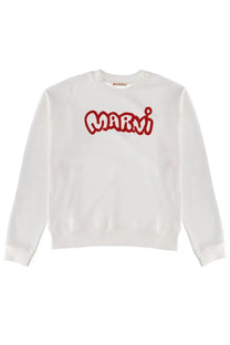 Marni men’s white sweatshirt featuring bold red embroidered logo across the chest in comfortable fabric