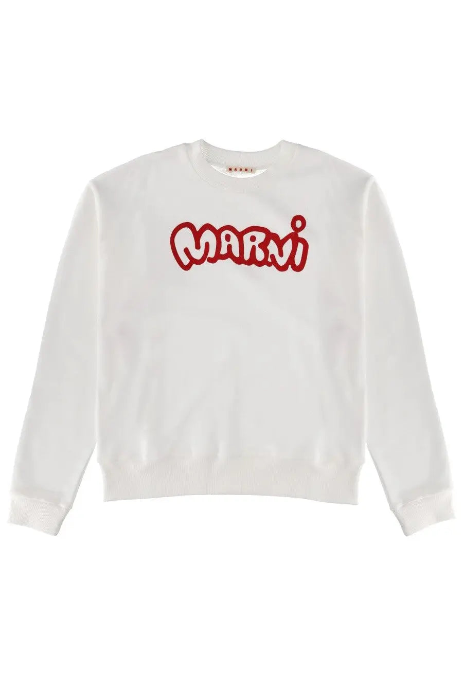 Marni men’s white sweatshirt with bold red embroidered logo across the chest made from soft cotton blend