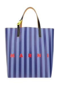 Marni men’s tribeca shopping bag blue with blue and light purple stripes tan leather handles and red marni lettering