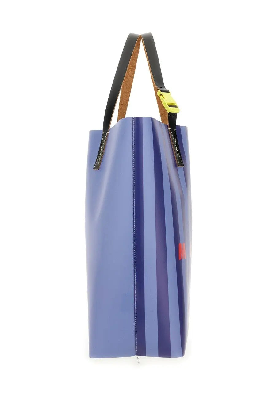 Marni men’s tribeca shopping bag blue is a sleek glossy tote with vertical stripes black handles and a yellow buckle