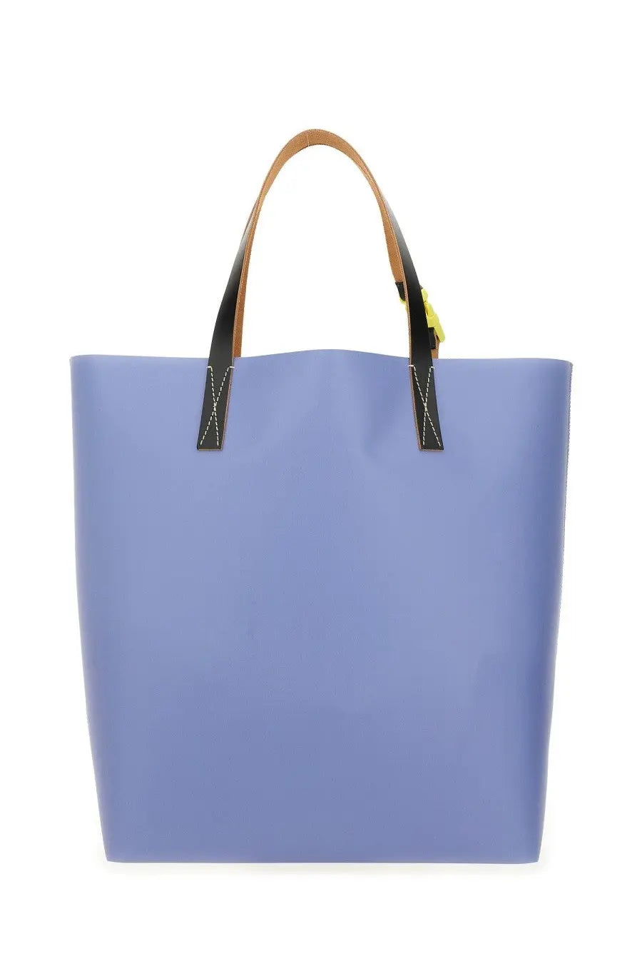 Marni men’s tribeca shopping bag blue in sleek lavender with tan and black leather handles and clean stitching details