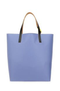 Marni men’s tribeca shopping bag blue in sleek lavender with tan and black leather handles and clean stitching details
