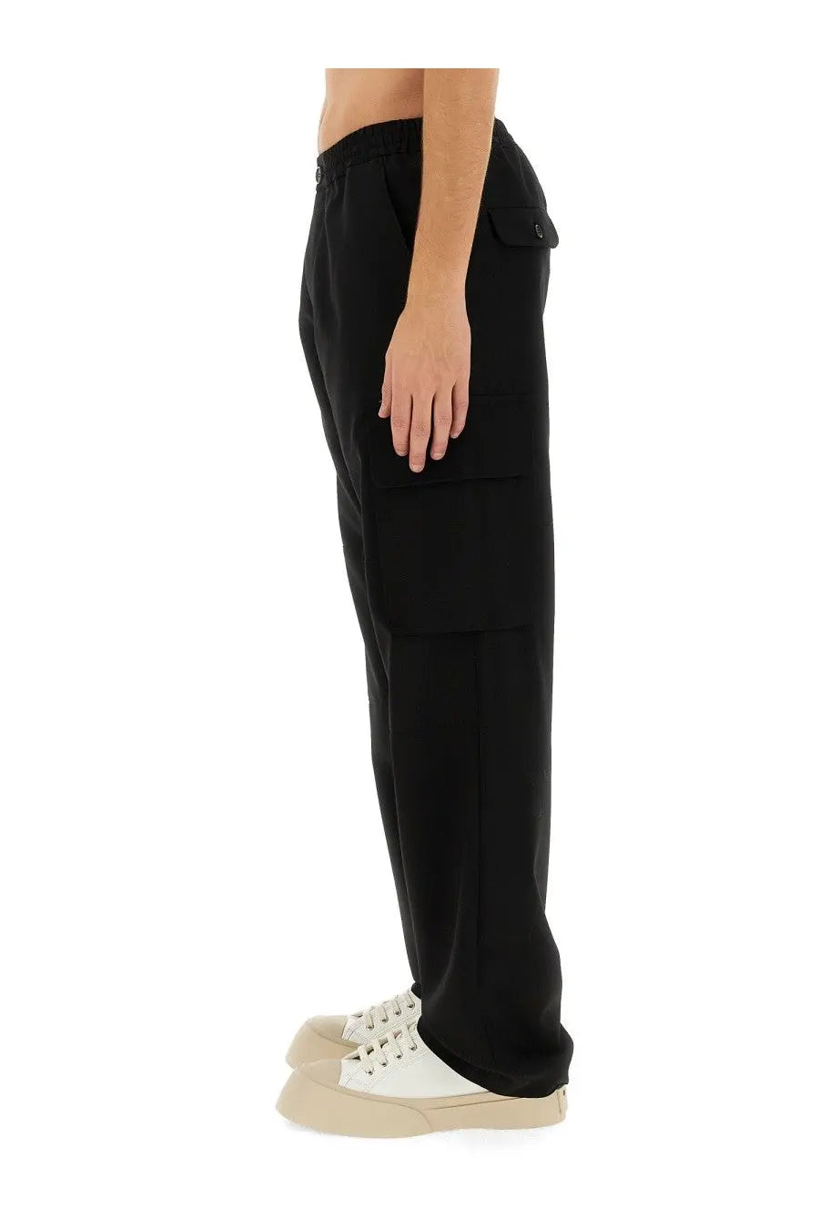 Black cargo pants with relaxed fit large side pockets and elastic waistband in marni men’s wool pants blue product line