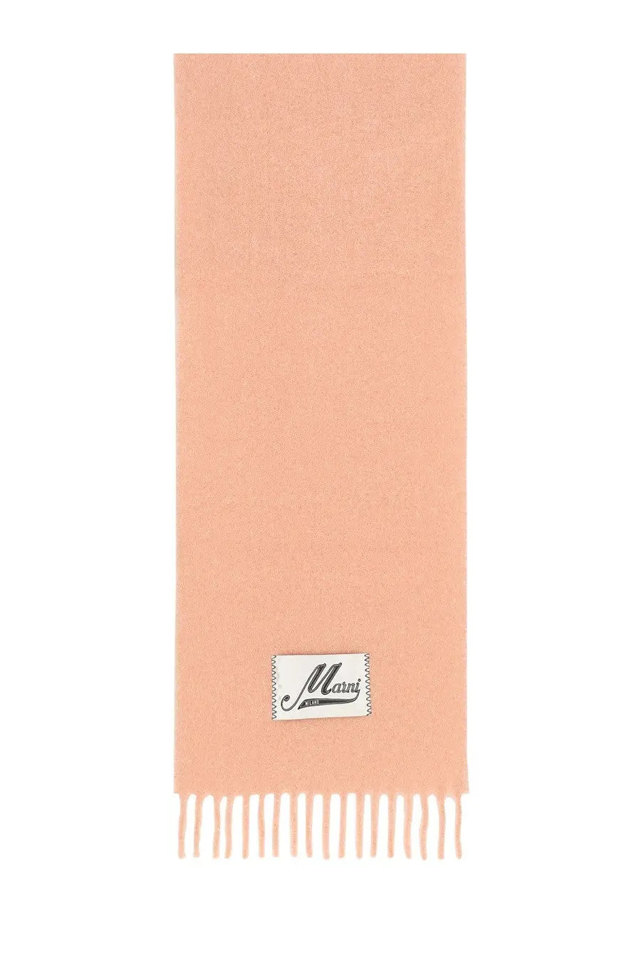 A soft peach-colored marni women’s alpaca scarf with subtle textured weave and fringed ends