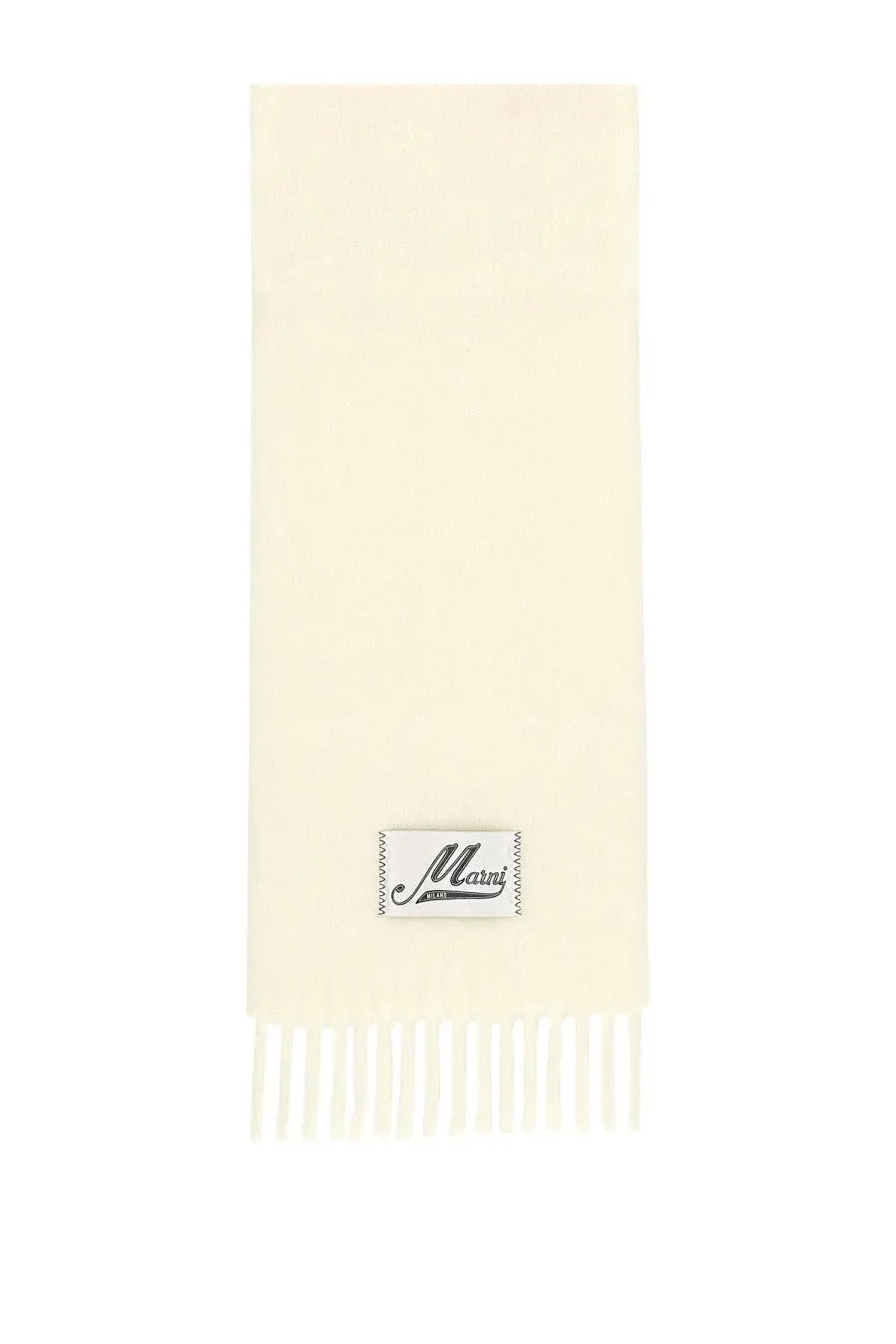 Cream-colored marni women’s alpaca scarf with subtle textured weave and fringed ends in white