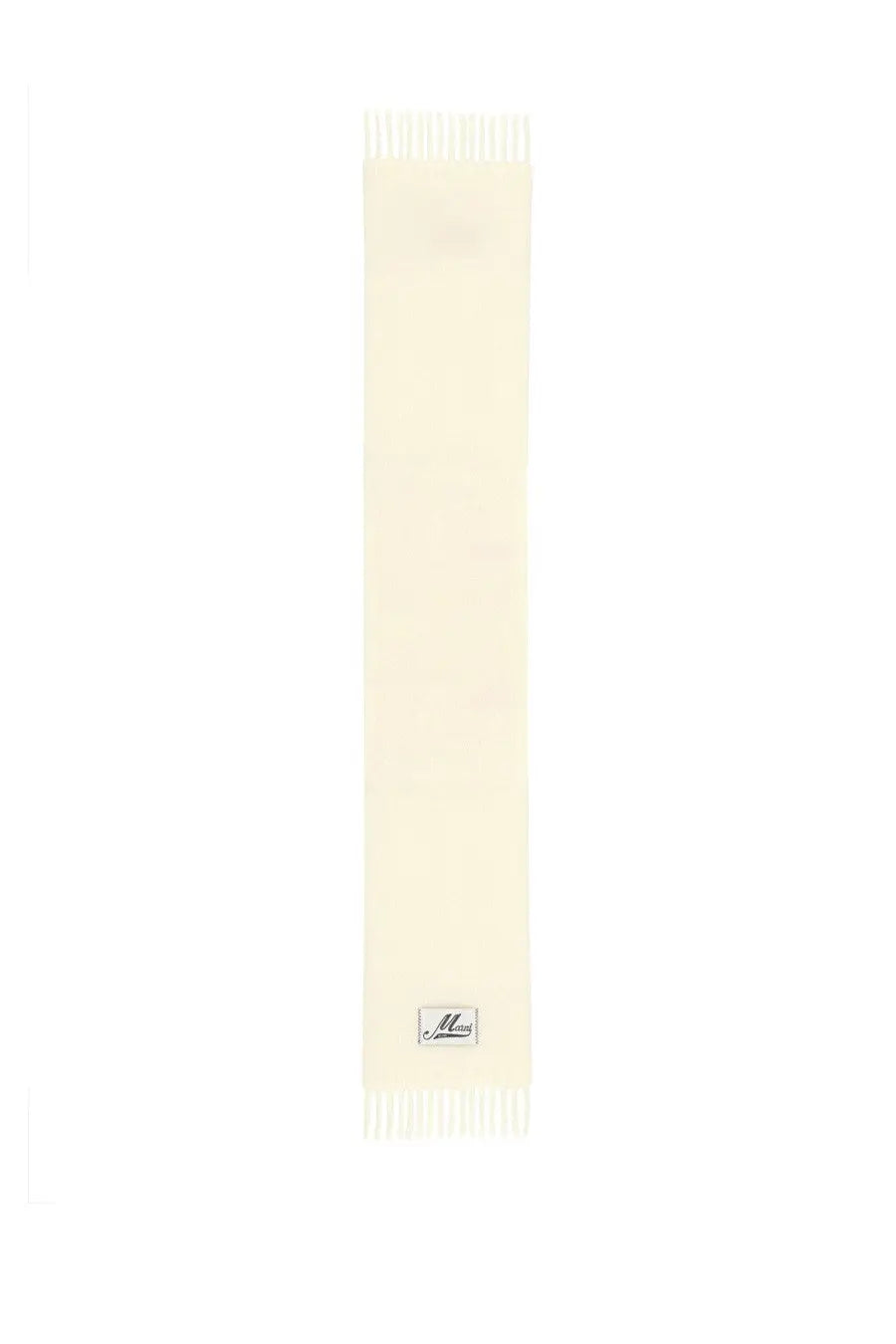 Marni women’s cream-colored alpaca wool scarf with fringed ends and small embroidered logo patch at the bottom