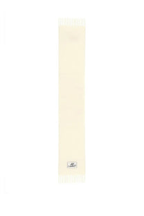 Marni women’s cream-colored alpaca wool scarf with fringed ends and small embroidered logo patch at the bottom