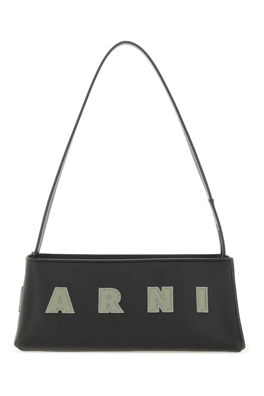 Black leather shoulder bag with silver-tone embroidered arni lettering from marni womens baguette museum bag collection