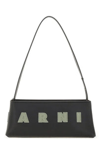 Black leather shoulder bag with silver-tone embroidered arni lettering from marni womens baguette museum bag collection
