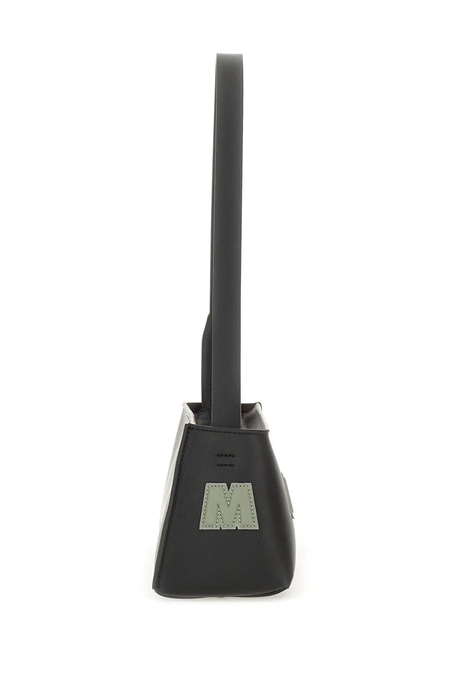 Marni women’s black leather shoulder bag with sleek minimalist design and silver toned m logo patch on front