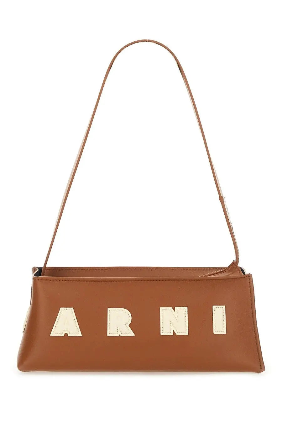 Marni women’s baguette museum bag brown leather shoulder bag with cream embroidered arni lettering across front