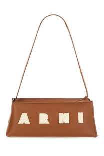 Marni women’s baguette museum bag brown leather shoulder bag with cream embroidered arni lettering across front