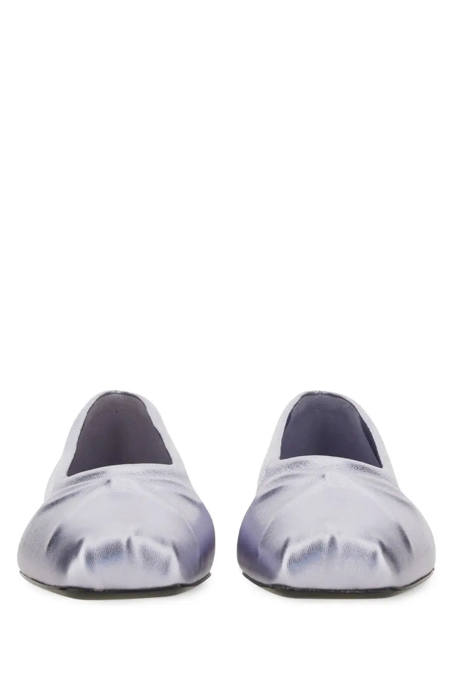 Marni women’s ballerina little bow purple metallic loafers with smooth reflective silver finish and subtle creases