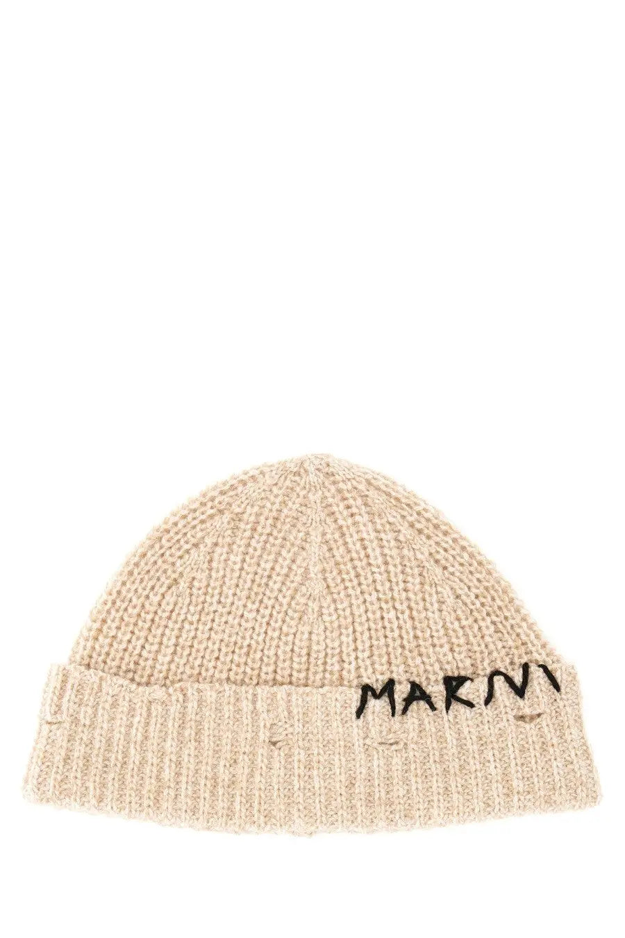 Beige knitted Marni women’s beanie hat with black embroidered logo on folded brim made of warm material
