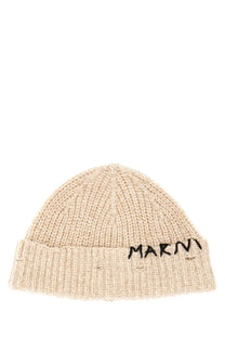 Beige knitted Marni women’s beanie hat with black embroidered logo on folded brim made of warm material