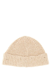 Marni women’s beige beanie hat made of ribbed knit fabric with a folded cuff for a cozy fit